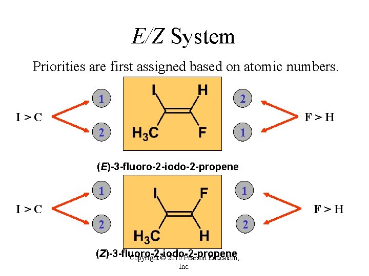 E/Z System Priorities are first assigned based on atomic numbers. 1 2 I>C F>H E/Z System Priorities are first assigned based on atomic numbers. 1 2 I>C F>H