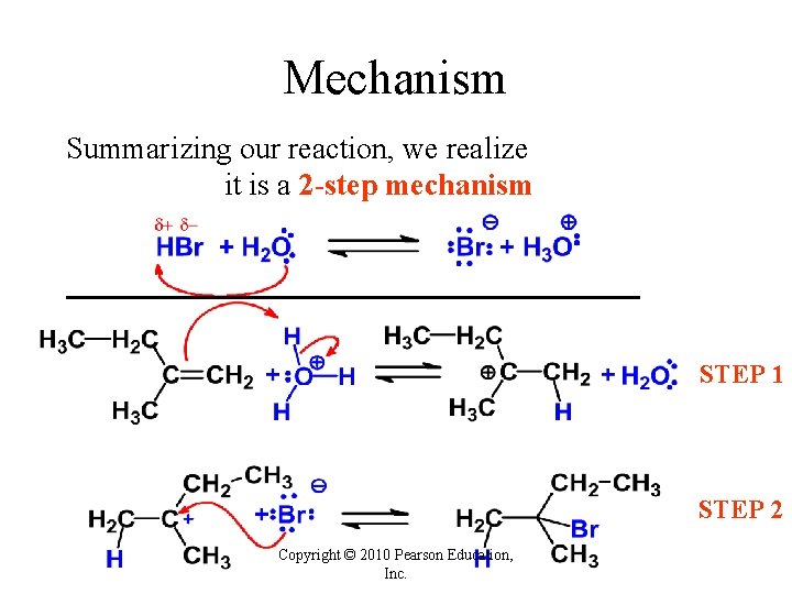 Mechanism Summarizing our reaction, we realize it is a 2 -step mechanism STEP 1 Mechanism Summarizing our reaction, we realize it is a 2 -step mechanism STEP 1