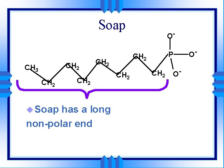 Soap CH 2 CH 3 CH 2 u Soap has a long non-polar end