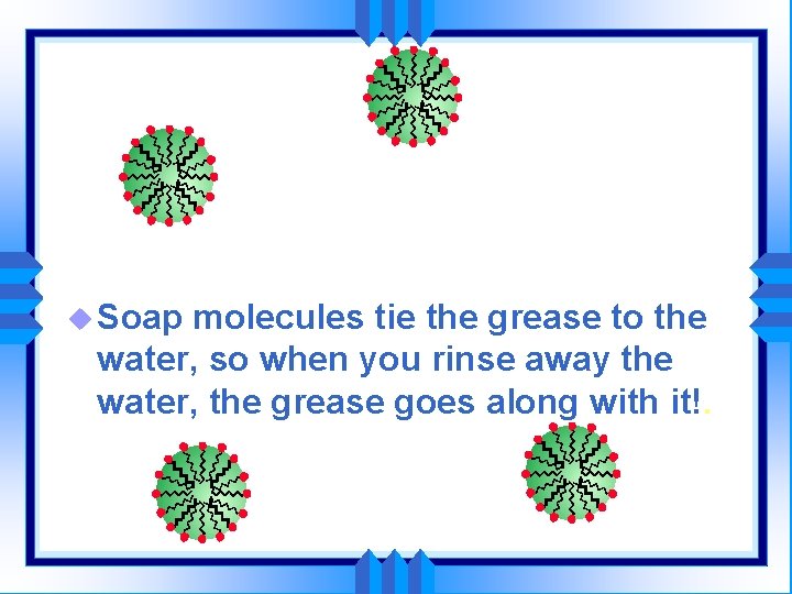 u Soap molecules tie the grease to the water, so when you rinse away