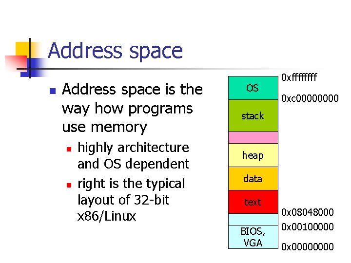 Address space n Address space is the way how programs use memory n n