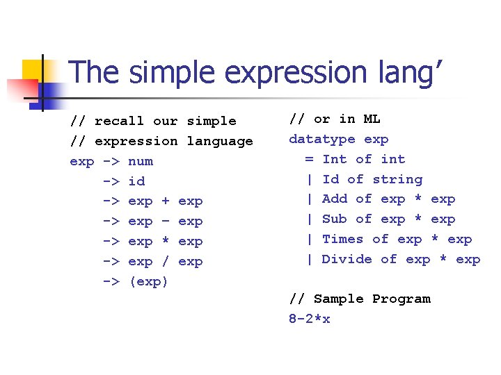 The simple expression lang’ // recall our simple // expression language exp -> num