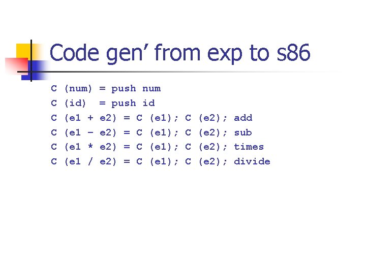 Code gen’ from exp to s 86 C C C (num) (id) (e 1