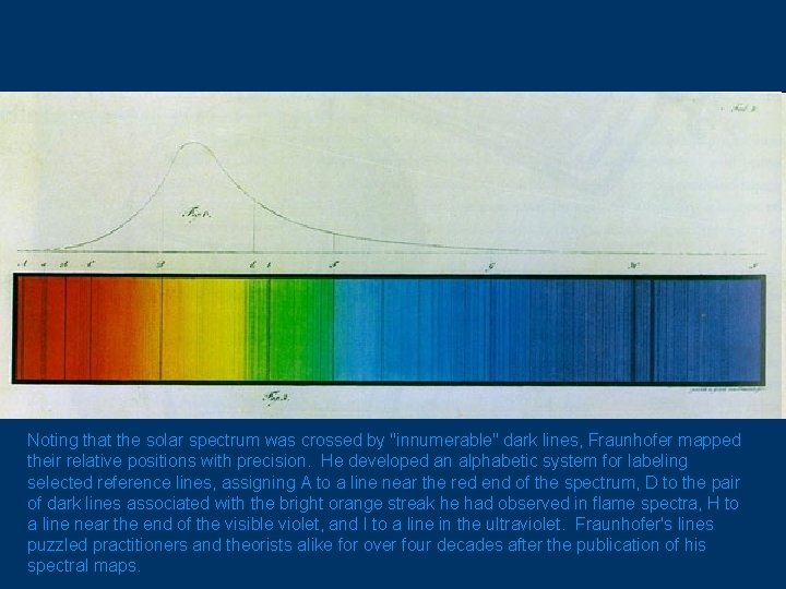 Noting that the solar spectrum was crossed by "innumerable" dark lines, Fraunhofer mapped their