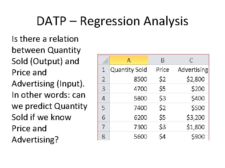 DATP – Regression Analysis Is there a relation between Quantity Sold (Output) and Price