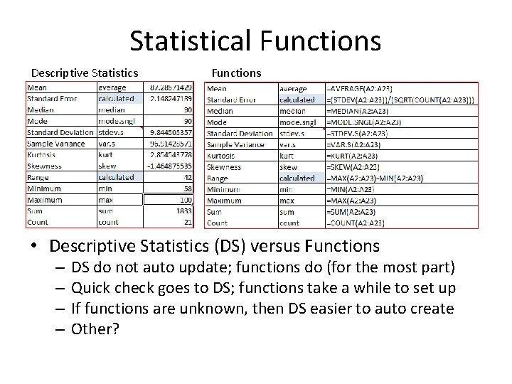 Statistical Functions Descriptive Statistics Functions • Descriptive Statistics (DS) versus Functions – – DS