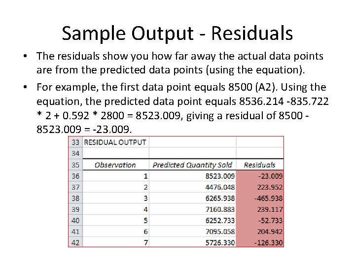 Sample Output - Residuals • The residuals show you how far away the actual