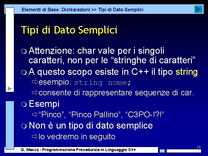 Elementi di Base: Dichiarazioni >> Tipi di Dato Semplici m Attenzione: char vale per