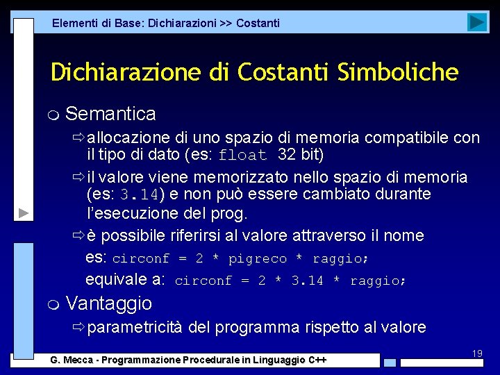 Elementi di Base: Dichiarazioni >> Costanti Dichiarazione di Costanti Simboliche m Semantica ðallocazione di