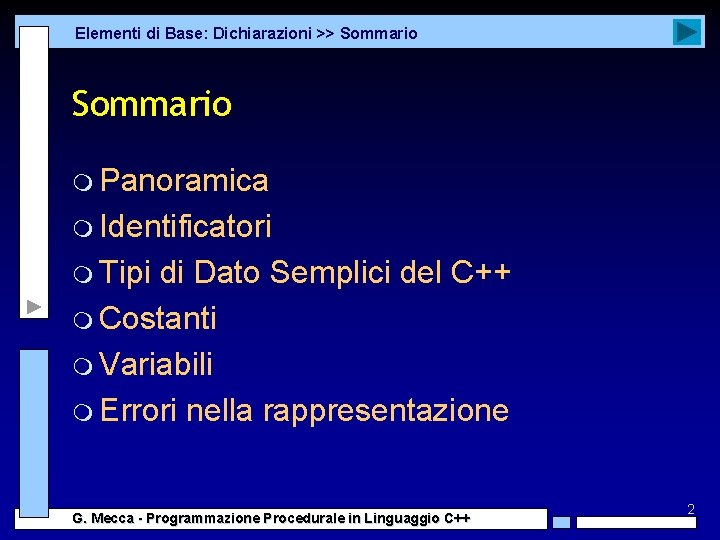 Elementi di Base: Dichiarazioni >> Sommario m Panoramica m Identificatori m Tipi di Dato