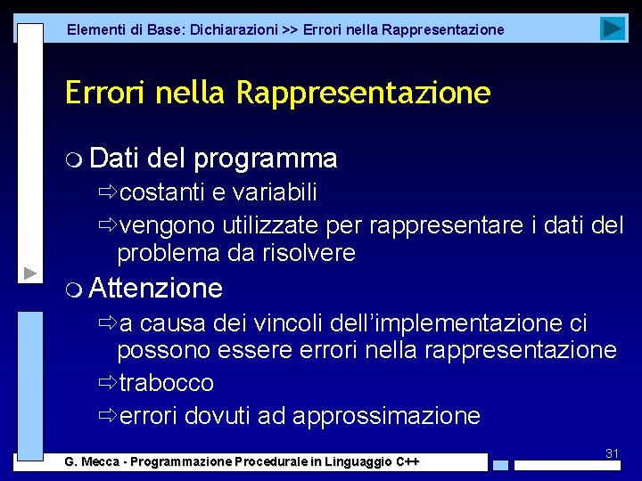 Elementi di Base: Dichiarazioni >> Errori nella Rappresentazione m Dati del programma ðcostanti e