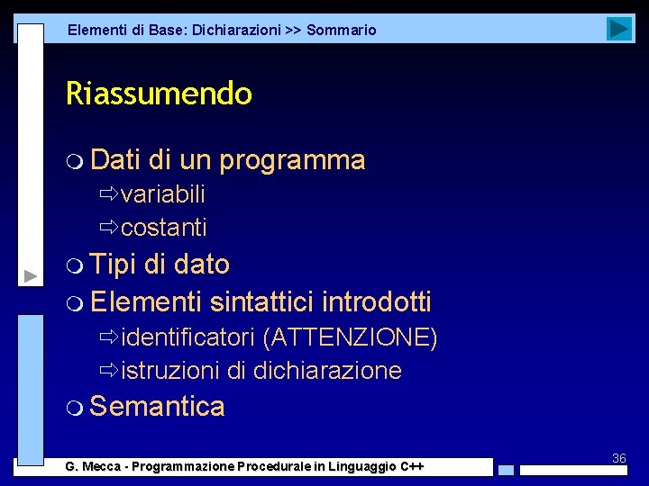 Elementi di Base: Dichiarazioni >> Sommario Riassumendo m Dati di un programma ðvariabili ðcostanti