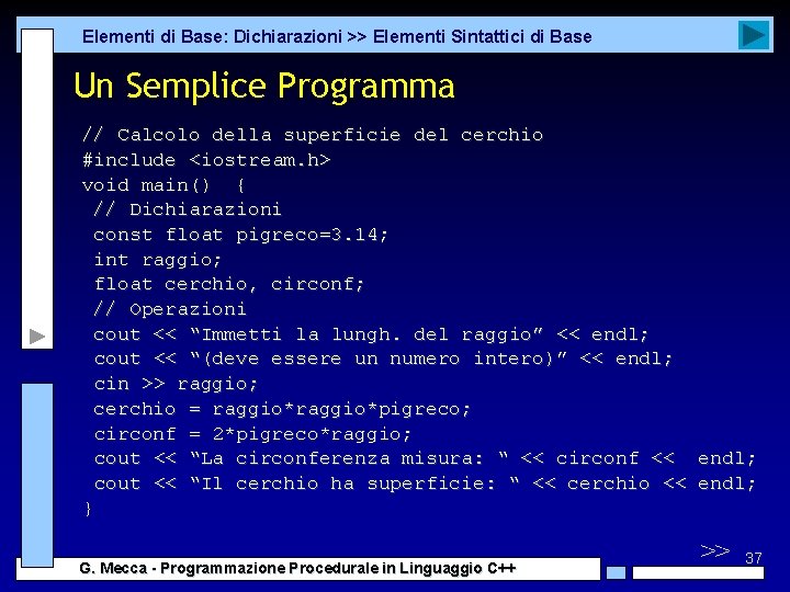 Elementi di Base: Dichiarazioni >> Elementi Sintattici di Base Un Semplice Programma // Calcolo