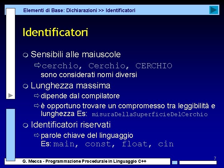 Elementi di Base: Dichiarazioni >> Identificatori m Sensibili alle maiuscole ðcerchio, CERCHIO sono considerati