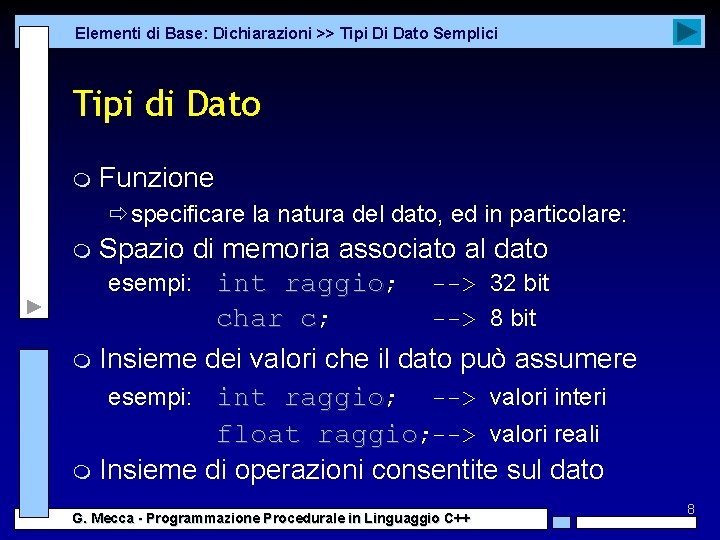 Elementi di Base: Dichiarazioni >> Tipi Di Dato Semplici Tipi di Dato m Funzione