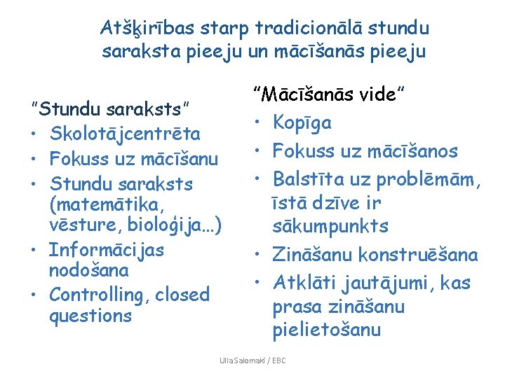 Atšķirības starp tradicionālā stundu saraksta pieeju un mācīšanās pieeju ”Stundu saraksts” • Skolotājcentrēta •