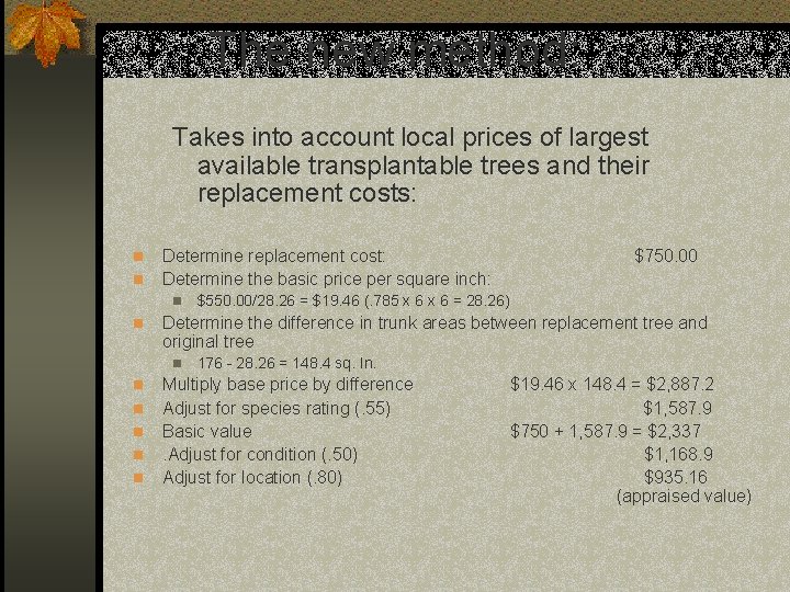The new method: Takes into account local prices of largest available transplantable trees and