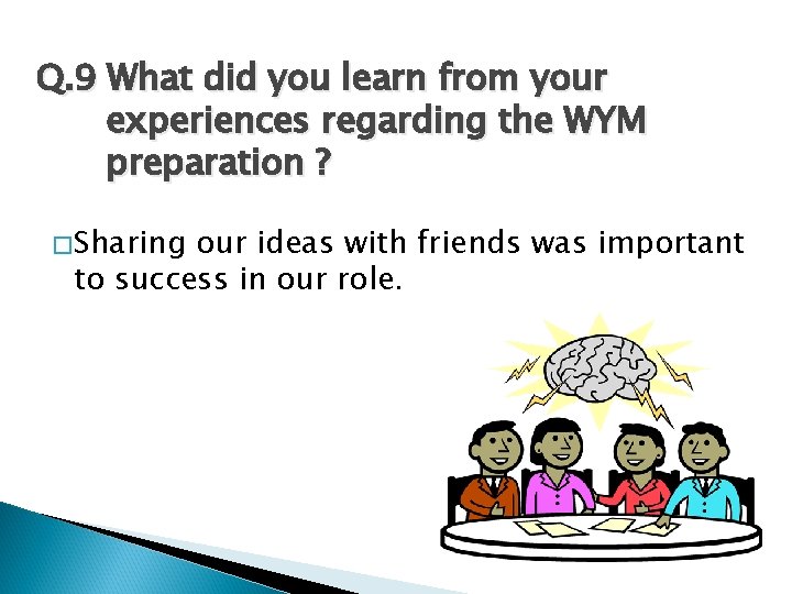 Q. 9 What did you learn from your experiences regarding the WYM preparation ?