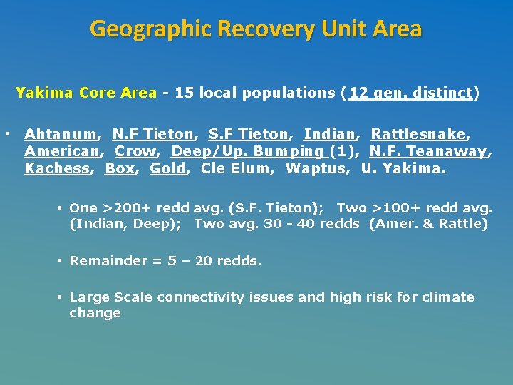 Geographic Recovery Unit Area Yakima Core Area - 15 local populations (12 gen. distinct)