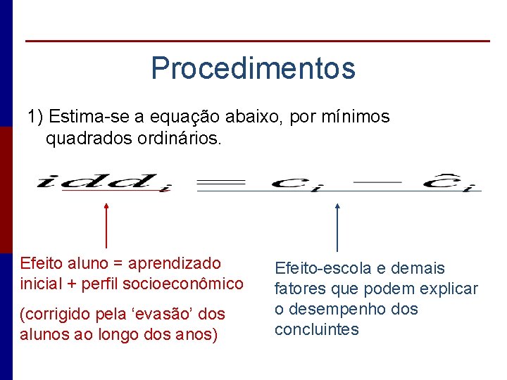 Procedimentos 1) Estima-se a equação abaixo, por mínimos quadrados ordinários. Efeito aluno = aprendizado