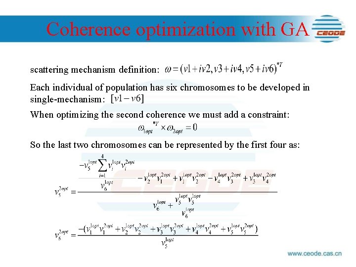 Coherence optimization with GA scattering mechanism definition: Each individual of population has six chromosomes