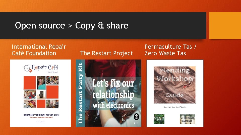 Open source > Copy & share International Repair Café Foundation The Restart Project Permaculture Open source > Copy & share International Repair Café Foundation The Restart Project Permaculture