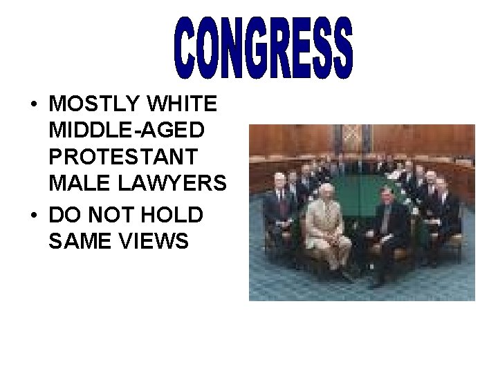  • MOSTLY WHITE MIDDLE-AGED PROTESTANT MALE LAWYERS • DO NOT HOLD SAME VIEWS