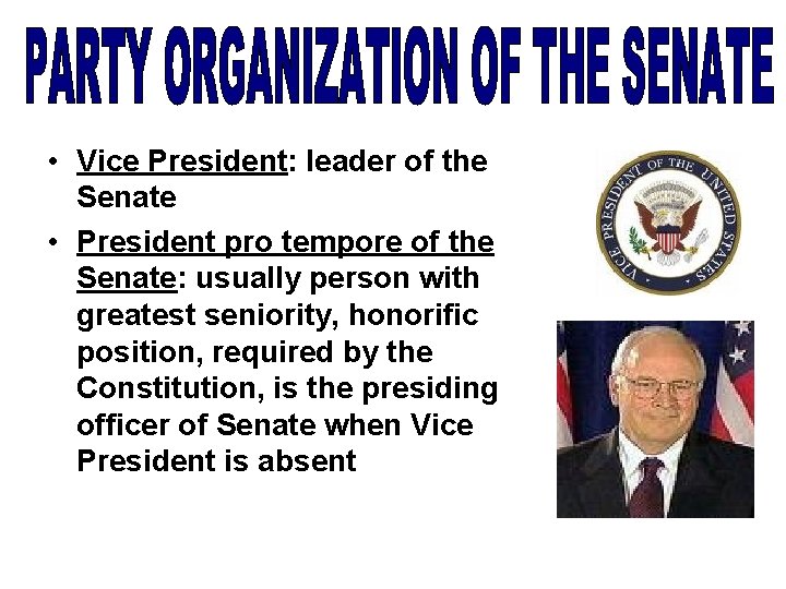 • Vice President: leader of the Senate • President pro tempore of the