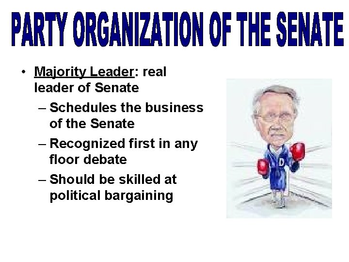 • Majority Leader: real leader of Senate – Schedules the business of the