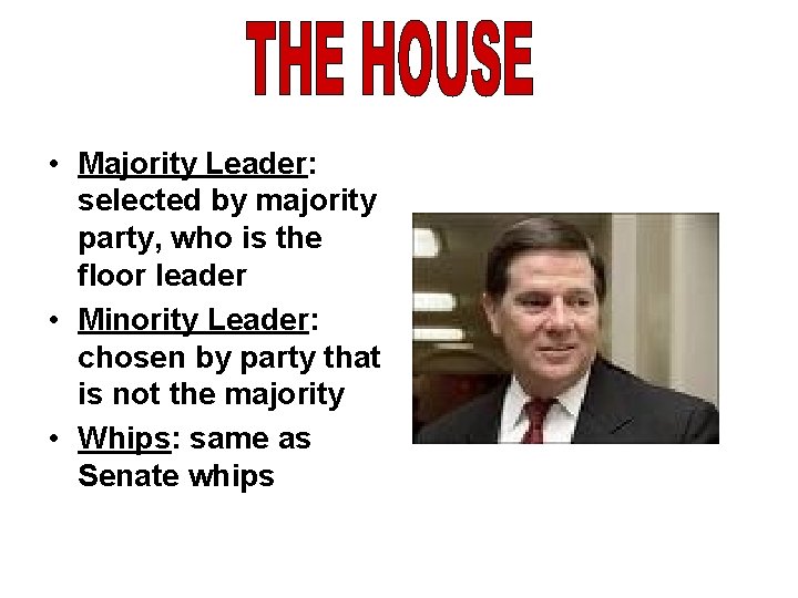  • Majority Leader: selected by majority party, who is the floor leader •