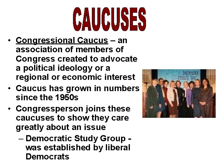  • Congressional Caucus – an association of members of Congress created to advocate