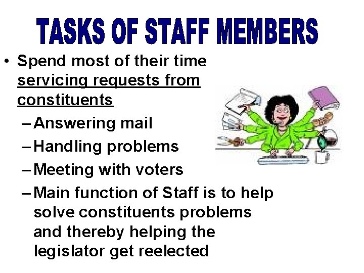  • Spend most of their time servicing requests from constituents – Answering mail