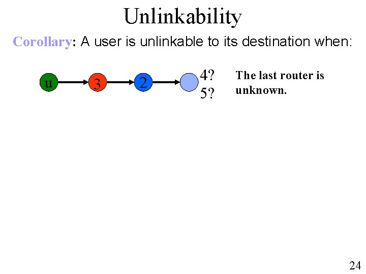 Unlinkability Corollary: A user is unlinkable to its destination when: u 3 2 4?