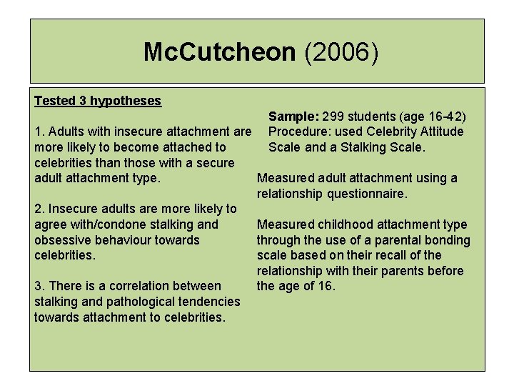 Mc. Cutcheon (2006) Tested 3 hypotheses Sample: 299 students (age 16 -42) Procedure: used