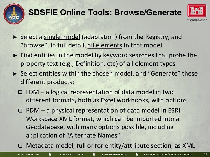 SDSFIE Online Tools: Browse/Generate Select a single model (adaptation) from the Registry, and “browse”,