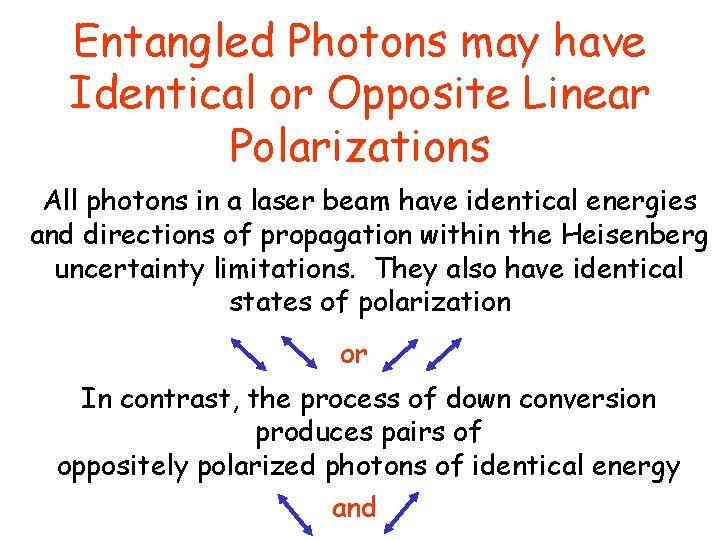 Entangled Photons may have Identical or Opposite Linear Polarizations All photons in a laser