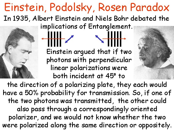 Einstein, Podolsky, Rosen Paradox In 1935, Albert Einstein and Niels Bohr debated the implications