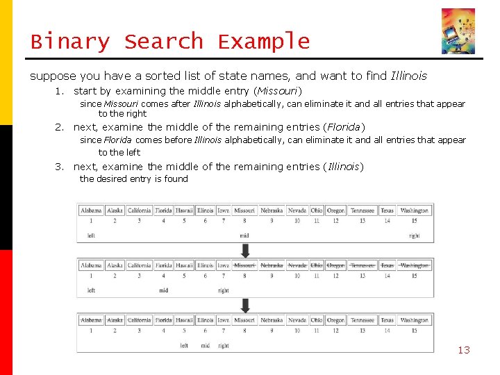Binary Search Example suppose you have a sorted list of state names, and want