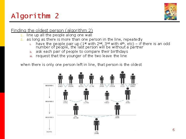 Algorithm 2 Finding the oldest person (algorithm 2) 1. 2. line up all the