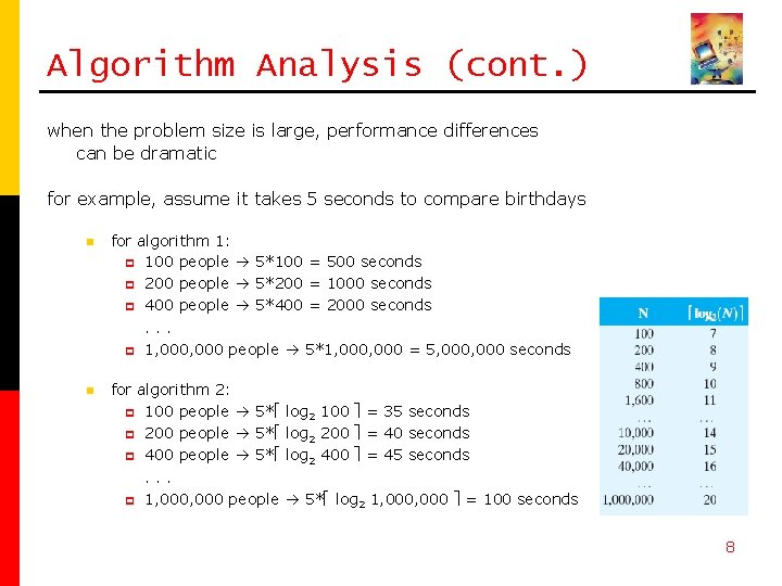 Algorithm Analysis (cont. ) when the problem size is large, performance differences can be