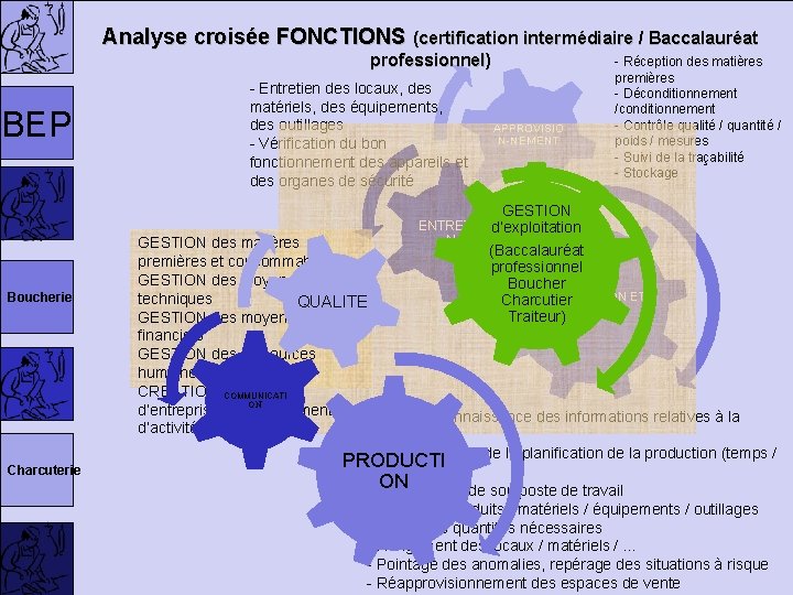 Analyse croisée FONCTIONS (certification intermédiaire / Baccalauréat professionnel) BEP Boucherie Charcuterie - Entretien des