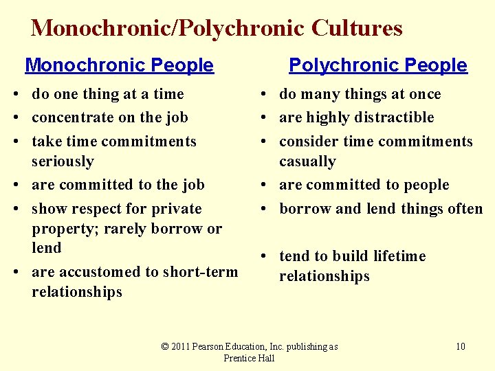 Monochronic/Polychronic Cultures Monochronic People • do one thing at a time • concentrate on