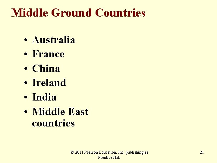 Middle Ground Countries • • • Australia France China Ireland India Middle East countries
