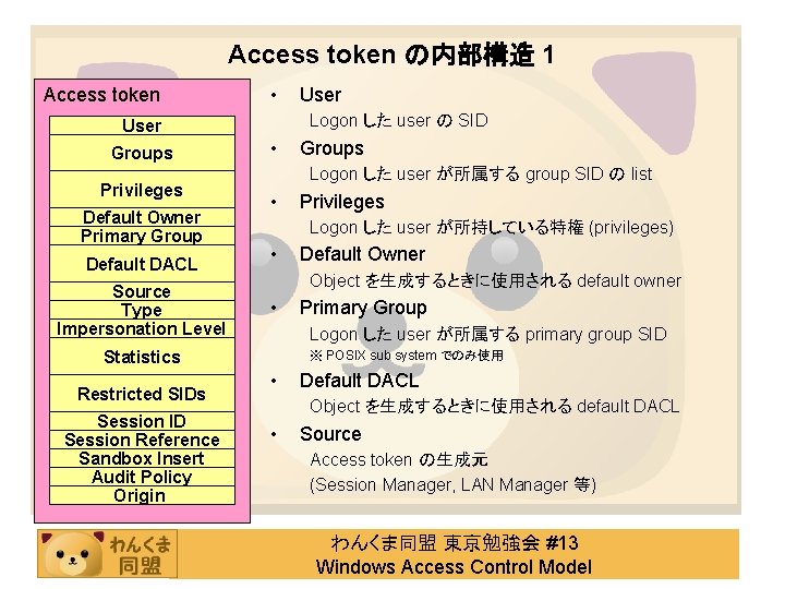 Access token の内部構造 1 Access token • Logon した user の SID User Groups