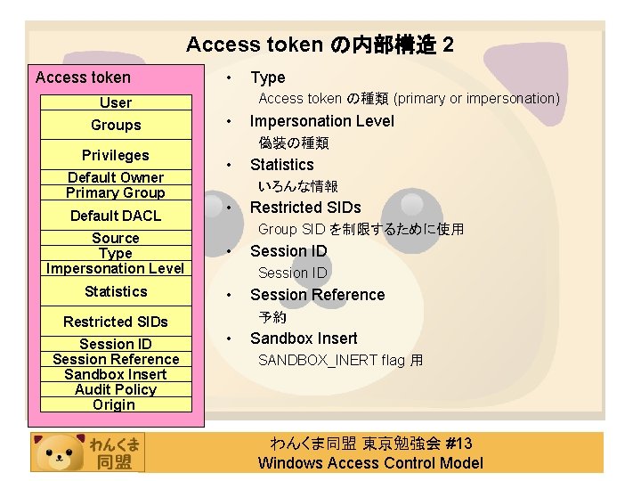 Access token の内部構造 2 Access token • Access token の種類 (primary or impersonation) User