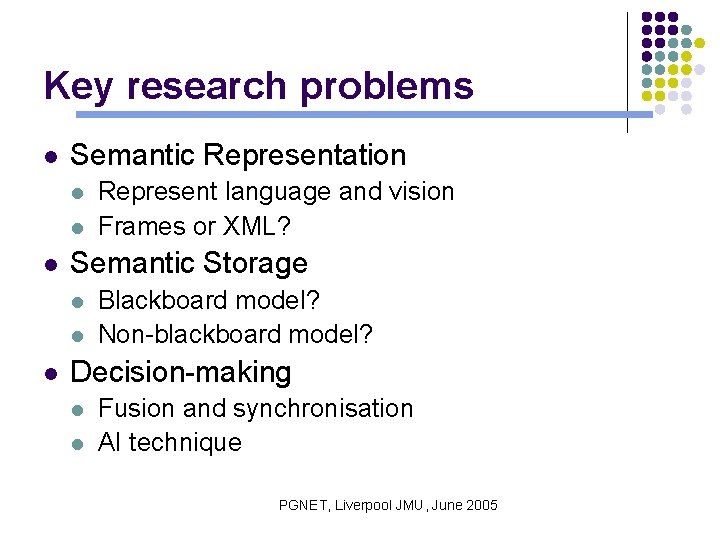Key research problems l Semantic Representation l l l Semantic Storage l l l