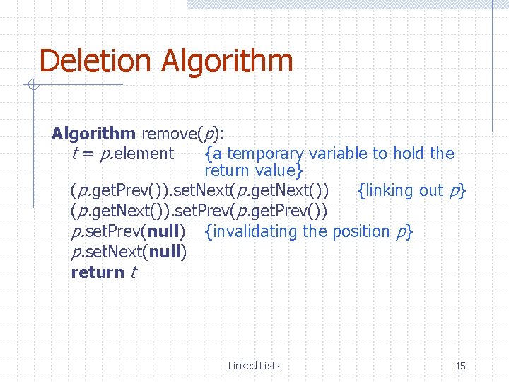 Deletion Algorithm remove(p): t = p. element {a temporary variable to hold the return