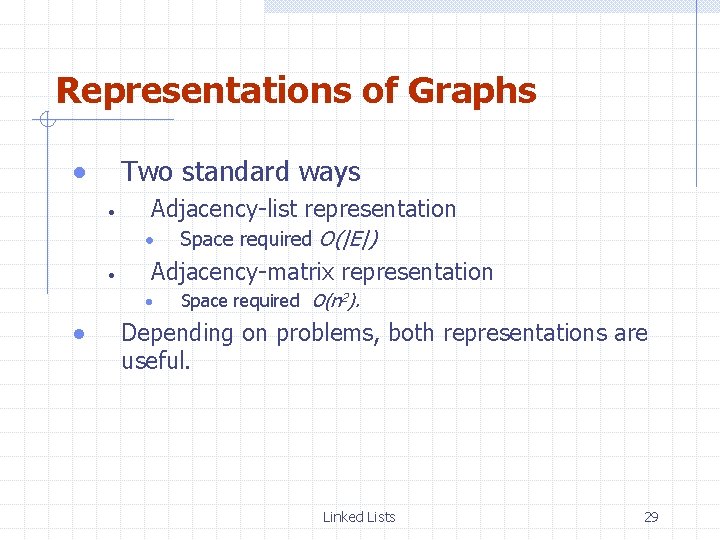 Representations of Graphs Two standard ways Adjacency-list representation Adjacency-matrix representation Space required O(|E|) Space