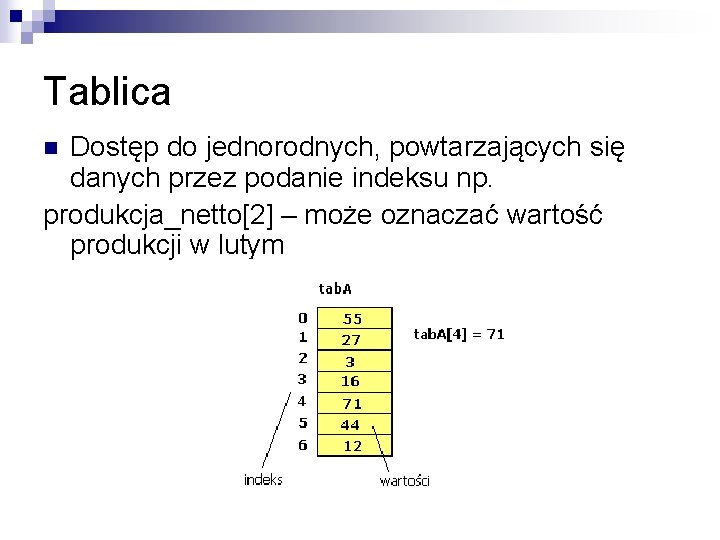 Tablica Dostęp do jednorodnych, powtarzających się danych przez podanie indeksu np. produkcja_netto[2] – może