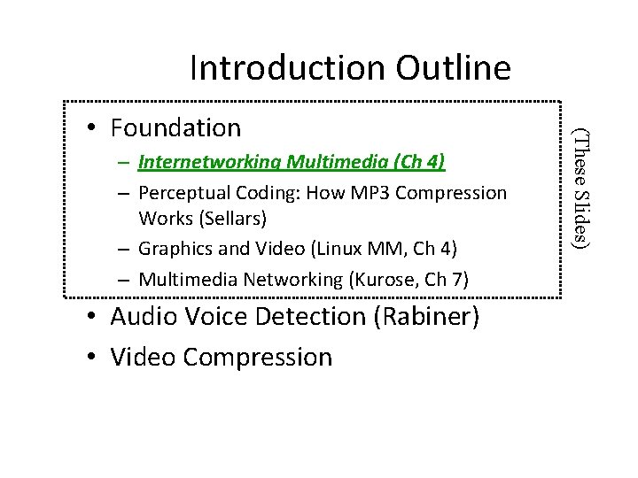 Introduction Outline – Internetworking Multimedia (Ch 4) – Perceptual Coding: How MP 3 Compression
